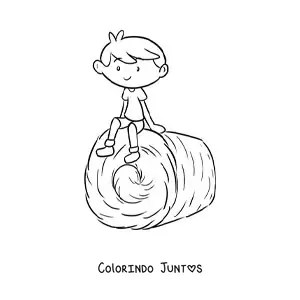 Desenho para colorir de menino fazendeiro kawaii sentado em uma pilha de feno