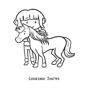 Desenho para colorir de menina fazendeira kawaii penteando um pônei