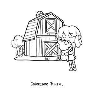 Desenho para colorir de menina fazendeira com coelho na fazenda kawaii