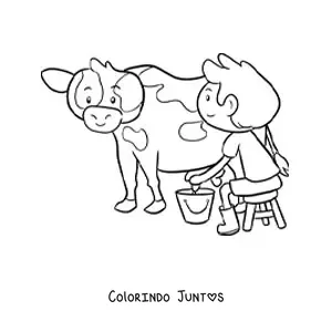 Desenho para colorir de menino fazendeiro kawaii ordenhando uma vaca