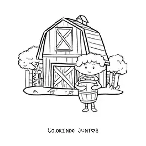 Desenho para colorir de menino fazendeiro kawaii com um barril na fazenda