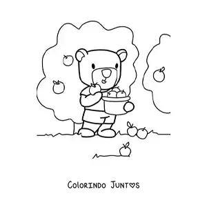 Desenho para colorir de urso kawaii animado colhendo maçãs das árvores em uma cesta