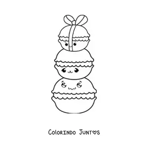 Desenho para colorir de três macarons kawaii, um em cima do outro com um laço