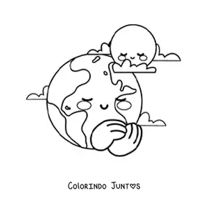 Desenho para colorir de planeta Terra kawaii animado com a Lua