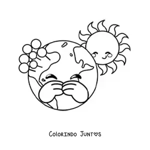 Desenho para colorir de planeta Terra kawaii animado com o Sol