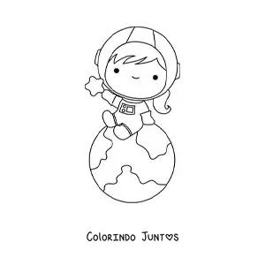 Desenho para colorir de menina astronauta kawaii sentada no planeta Terra