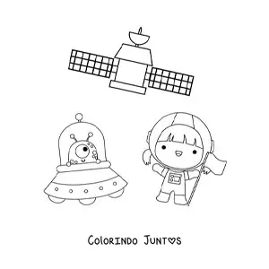 Desenho para colorir de menina astronauta kawaii com extraterrestre e satélite