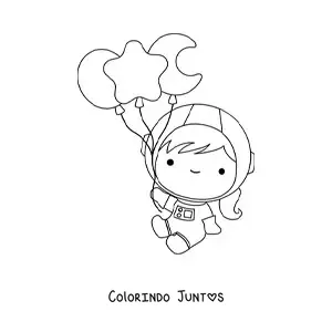 Desenho para colorir de menina astronauta kawaii flutuando com balões de estrelas