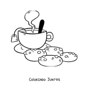 Desenho para colorir de uma xícara de chá fumegante com biscoitos