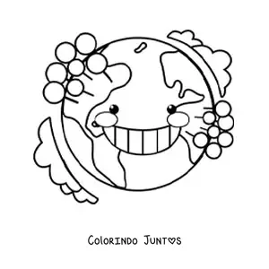Desenho para colorir de planeta Terra kawaii animado com árvores e a atmosfera