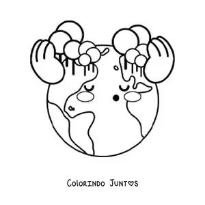 Desenho para colorir de árvores do planeta Terra kawaii gerando oxigênio