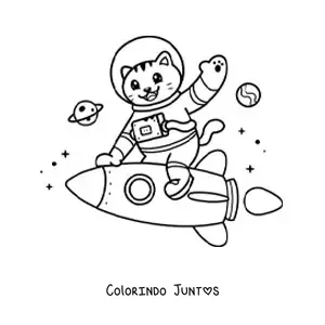 Desenho para colorir de gato astronauta animado kawaii em um foguete no espaço