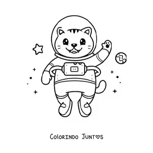 Desenho para colorir de gato astronauta animado kawaii no espaço
