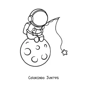 Desenho para colorir de astronauta kawaii sentado na Lua pescando estrelas