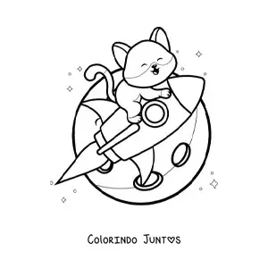 Desenho para colorir de gato animado kawaii em um foguete no espaço