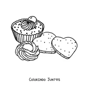 Desenho para colorir de dois biscoitos em formato de coração e um cupcake