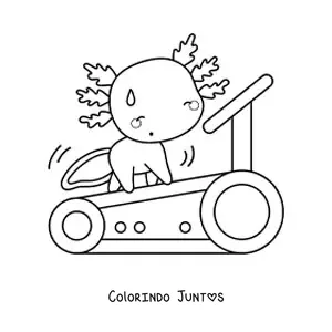 Desenho para colorir de axolote kawaii animado se exercitando em uma esteira