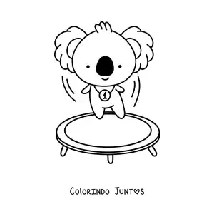 Desenho para colorir de coala kawaii animado pulando em um trampolim