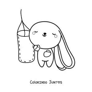 Desenho para colorir de coelho kawaii animado golpeando um saco de boxe