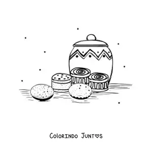Desenho para colorir de biscoitos e doces em uma mesa com um pote decorado ao fundo