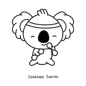 Desenho para colorir de coala kawaii animado se exercitando com pesos