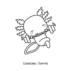 Desenho para colorir de axolote kawaii animado se exercitando com um haltere