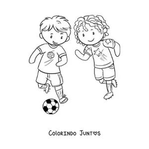 Desenho para colorir de menina e menino jogando futebol