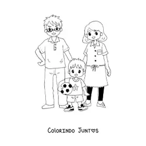 Desenho para colorir de menino jogador de futebol com seus pais