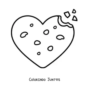 Desenho para colorir de um biscoito de gotas de chocolate em formato de coração mordido