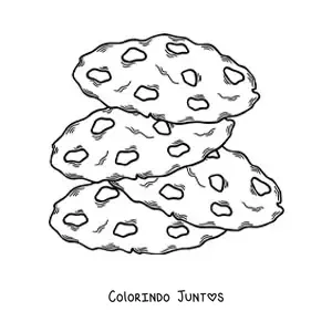 Desenho para colorir de quatro biscoitos com gotas de chocolate, um em cima do outro