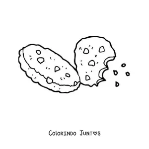 Desenho para colorir de dois biscoitos com gotas de chocolate e um mordido
