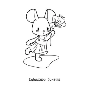 Desenho para colorir de ratinha kawaii animada com vestido e uma flor