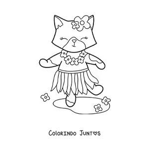 Desenho para colorir de gatinha kawaii animada com saia havaiana e flores