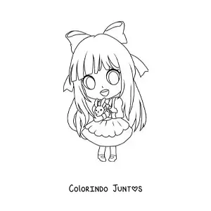 Desenho para colorir de garota kawaii chibi com lindo vestido e um coelho