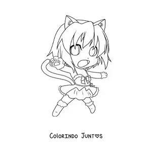 Desenho para colorir de garota kawaii chibi com fantasia de gato