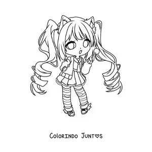 Desenho para colorir de garota fashion kawaii chibi com uniforme moderno e orelhas de gato