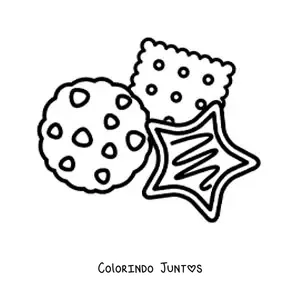 Desenho para colorir de biscoitos em formato de estrela, com gotas de chocolate e um quadrado