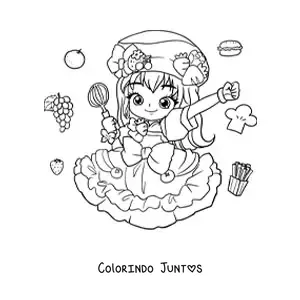 Desenho para colorir de garota fashion kawaii chibi confeiteira com traje de doces