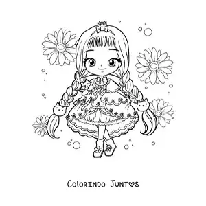 Desenho para colorir de garota fashion chibi com vestido de gatinhos kawaii e flores