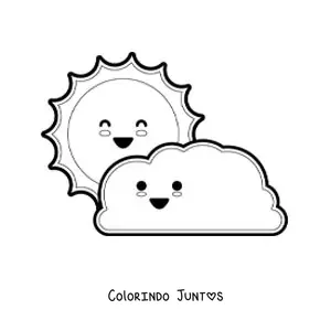 Desenho para colorir de nuvem kawaii animada e o Sol