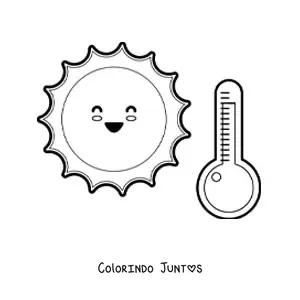 Desenho para colorir de Sol kawaii animado em um dia quente com termômetro