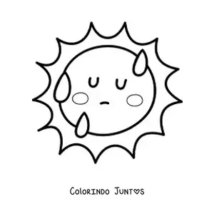 Desenho para colorir de Sol quente kawaii animado com gotas de suor