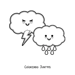 Desenho para colorir de nuvens de chuva e tempestade kawaii animadas