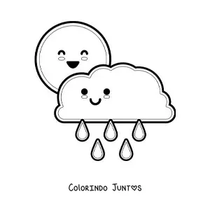 Desenho para colorir de nuvem de chuva kawaii animada e o Sol