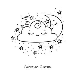 Desenho para colorir de nuvem kawaii dormindo com a Lua e estrelas