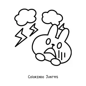 Desenho para colorir de coelho animado assustado por uma tempestade