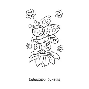 Desenho para colorir de joaninha kawaii e flores