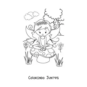 Desenho para colorir de fada kawaii em campo primaveril