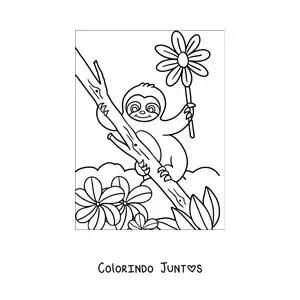 Desenho para colorir de bicho-preguiça animado kawaii com flores de primavera