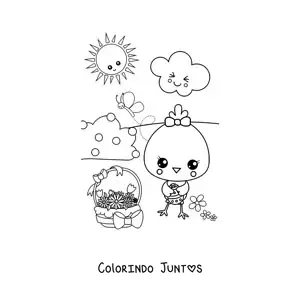 Desenho para colorir de pintinho kawaii na primavera